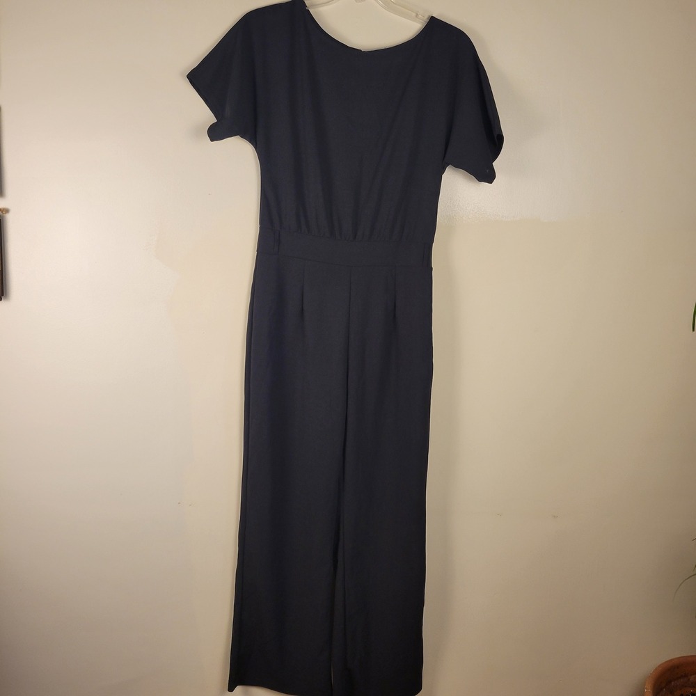 Womens Black Wide Leg Jumpsuit Short Sleeve Pleated Front Evening Chic Large